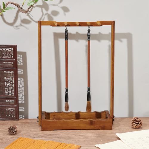 NBEADS 10-Pin Vintage Calligraphy Brush Pen Holder, Chinese Calligrapghy Brush Hanger Wood Chinese Brush Shelf Brush Pen Rack with Base Plate,for Beginners by NBEADS - Image 4