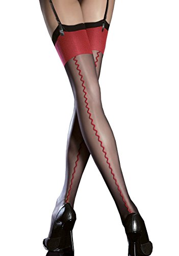 Fiore Patterned Stockings with Backseam and Contrast Red Top