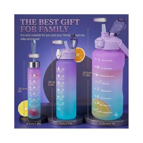 Image of Motivational Water Bottle Combo Set (2 lr, 900ml, 300ml) | Leakproof Water Bottles with Time Marker | Straw and Sipper | Reusable Sports, Gym, School, Office(Multicolor-3 combo) pack of 1.