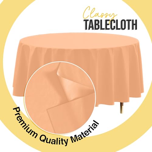 Image of Exquisite 66% Thicker Premium Peach Round Tablecloth 0.5 Mil 12 Pack Plastic Table Cloth Disposable 84 Inch Round Plastic Tablecloth Won't Tear Easily Like Cheap Thin Brands