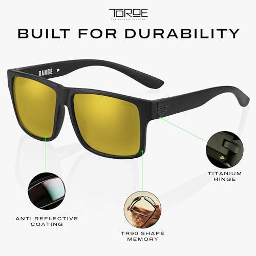 Image of TOROE TR90 Square Frame Grade A Polarized Black Emblem Sunglasses with Anti Reflective Water Repellent Polycarbonate Lenses (Matte Black Frame, Gold Mirror (Category 3))