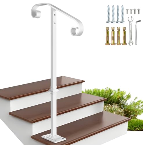 Image of Zwinz Handrail Railing, Single Post Handrail Fits 1 or 2 Steps, Sturdy Outdoor Stair Railing for Concrete&Wooden Steps with Base, Wrought Iron Stair Handrails, Grab Rail for Steps Porch, White
