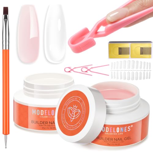 Image of modelones Gel Builder for Nails 2 Colors, 10-in-One Builder Hard Gel Nail Kit Clear Nude with Dual End Brush, Acrylic Clamps, 100PCS Paper Forms for Sculpting Extension Overlays Salon LED Cured