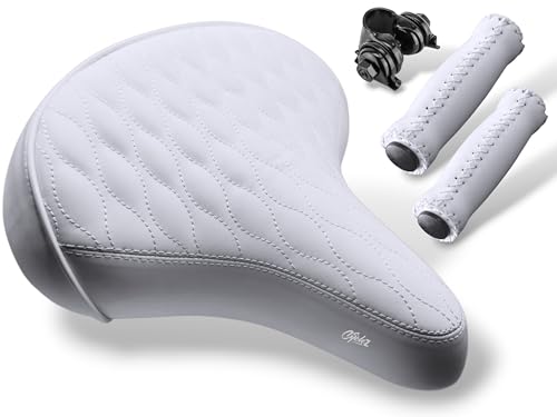 CYCLEZ Wide Soft Padded Bike Seat and Foam Grips Set, Oversized Comfort Saddle for Men and Women, Ideal Replacement for Beach Cruiser, MTB, City, E-Bike, Scooter, Stationary Bicycle (White)