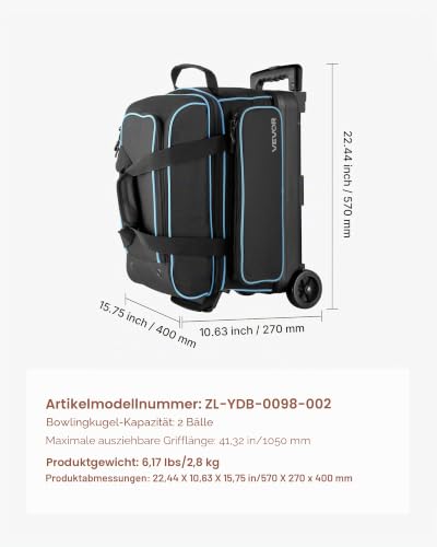 VEVOR Bowlingballtasche für 3 Bälle mit Doppelrollen & separatem Fach für Schuhe (bis US-Größe 16) & übergroßer Zubehörtasche, einziehbarer Griff lässt Sich auf 105 cm ausziehen Schwarz + Blau