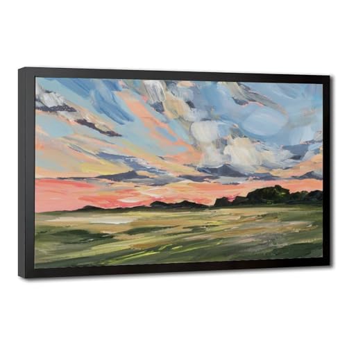 Abstract Landscape Wall Art - Modern Sunset Clouds Acrylic Canvas Print, Impressionist Nature Sky and Meadow Painting, Colorful Horizon Scenery Poster for Living Room, Bedroom Office Home Decor