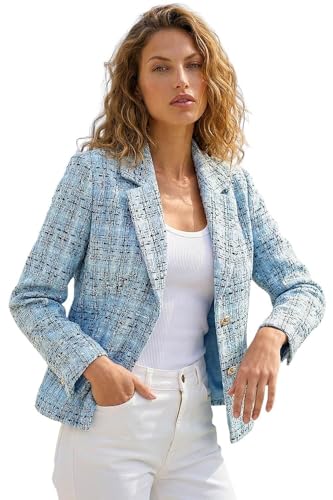 Image of Roman Boucle Blazer for Women UK Ladies Frayed Edge Tailored Longline Rever Collar Jacket Lapel Stretch Smart Office Work Party Night Going Out Lined Classic - Azure - Size 20