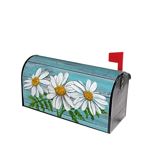 Summer Daisy Flowers Mailbox Cover Vintage Spring Floral Magnetic Mailbox Covers Teal Old Wood Board Mailbox Decals Large Post Letter Box Covers Garden Yard Home Decor For Outside 21" X18" #TOP17