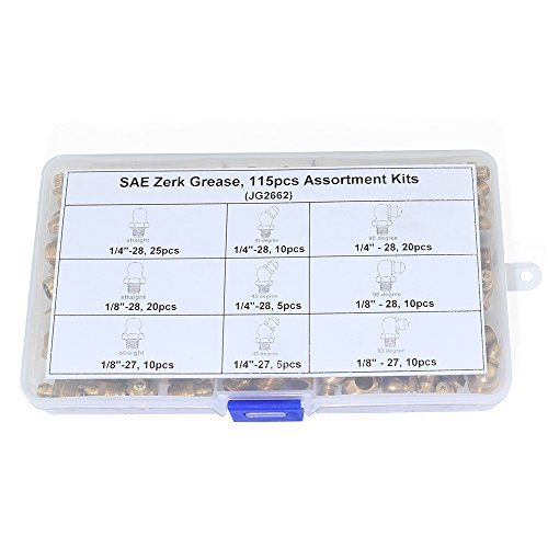 Boeray 115Pcs 1/4” 1/8” Hydraulic Grease Brass Zerk Fitting Sae Standard Assortment Kit-Straight, 90-Degree, 45-Degree Angled Zerk Assortment Set #TOP3