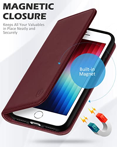 Shieldon Case For Iphone Se 2022/Se 2020/8/7, Genuine Leather Wallet Case Credit Card Slots Magnetic Closure Folio Cover Kickstand Tpu Protective Case Compatible With Iphone Se3/Se2 (4.7") - Wine Red #TOP3