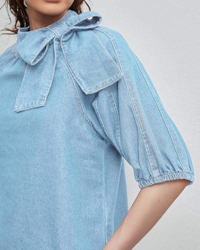 Women Puff Short Sleeve Denim Shirt Pullover Casual Mock Neck Jean Blouse Top with Bow3