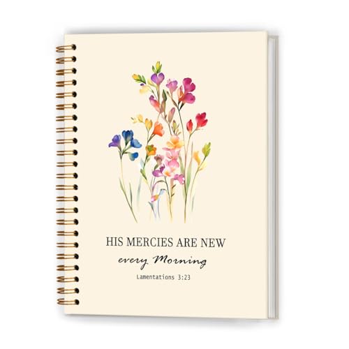 XUNLURY Floral Christian Notebook, His Mercies Are New Every Morning Bible Journal, Prayer Journal for Woman, Church Notes Notebook, Religious Scripture Hardcover Spiral Notebooks, 5.5x8.3 Inch