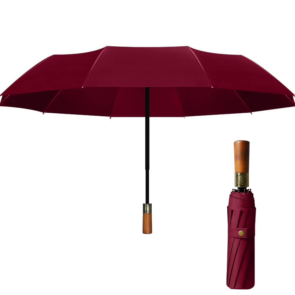 BoenkushFolding Auto Open/Close Umbrella with Wood Handle - Waterproof/Sunscreen/Windproof Protect Umbrella with 10 Black Lacquered Steel Fiber - for Mens Women