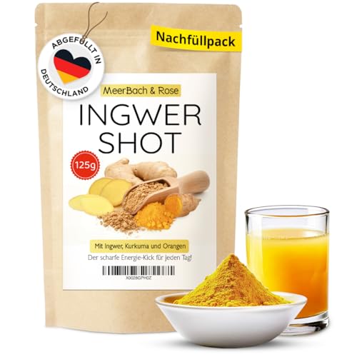 Meerbach & Rose Fruchtig scharfer Ingwer Shot 125g Nachfüllpack veganer Ingwer und Kurkuma Shot zum Anrühren im Beutel für bis zu 160 Shots Pulver