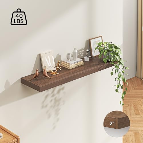 Image of Dreamland 55 inch Floating Shelves for Wall, 12 inch Deep Thicker Walnut Floating Shelves, Wall-Mounted Shelves for Bedroom, Living Room, Kitchen, Bathroom - Set of 1