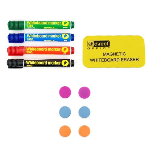 D.RECT Magnetisches Whiteboard SET mit Aluminiumleisten trocken abwischbar 60 x 45 cm Stiftablage und abwischbar Marker Rundspitze 4er Set 12 Stück Starke Tafelmagnete Whiteboard Schwamm