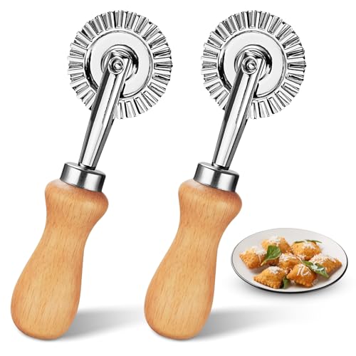 2Pcs Pasta Cutter Wheel Stainless Steel Fluted Pastry Ravioli Cutter Wheel with Wooden Handle Pastry Crimper for Home Kitchen