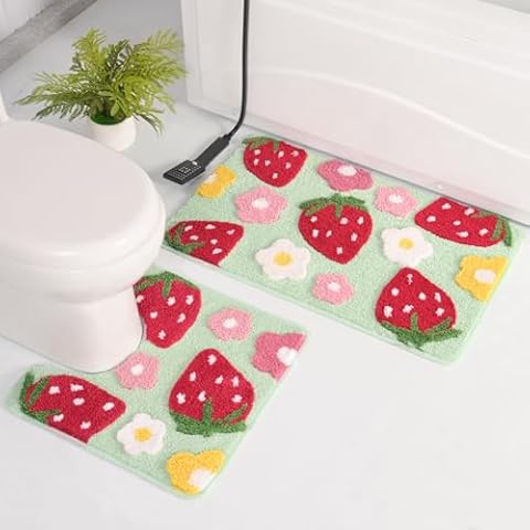 Anybar Green Bathroom Rugs Sets 2 Piece Toilet Rug U Shaped Cute Strawberry Bath Mat,Flower Bathroom Contour Toilet Mats Bathroom Accessories, Non Slip Bath Mat Washable Bath Rugs for Toilet Base Cover