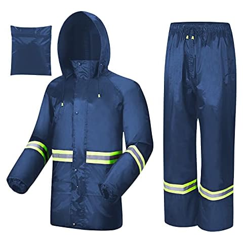 AMKsedom Rain Suits for Men Women Waterproof, Breathable Rain Coats with Eye-Catching Reflective Strip, Durable Rain Gear (X-Large, Blue) Cover