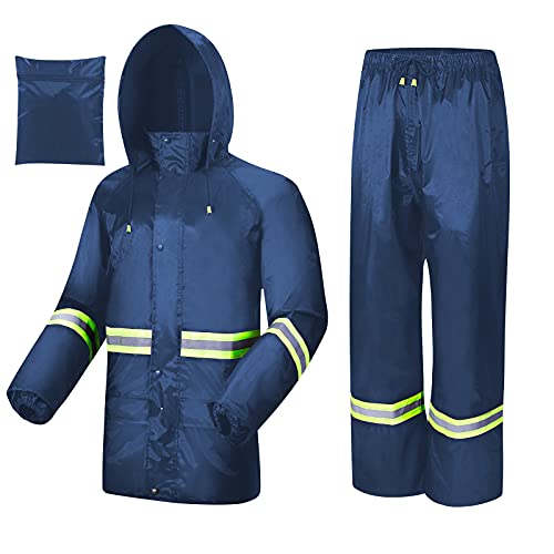 AMKsedom Rain Suits for Men Women Waterproof, Breathable Rain Coats with Eye-Catching Reflective Strip, Durable Rain Gear (X-Large, Blue)