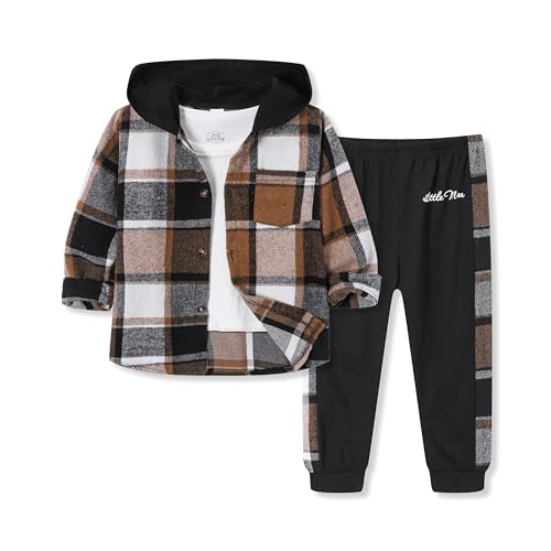Image of OLMRJKD Toddler Baby Boy Clothes Plaid Long Sleeve Hoodie Sweatshirt + Pants 2pcs Boys Outfit Set