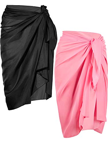 Chuangdi 2 Pieces Women Beach Wrap Sarong Cover Up Chiffon Swimsuit Wrap Skirts (Black and Pink)