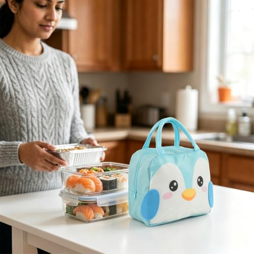 Image of Zibuyu Blue Penguin Lunch Bag, 4L Thermal Leakproof Tiffin Pouch for School