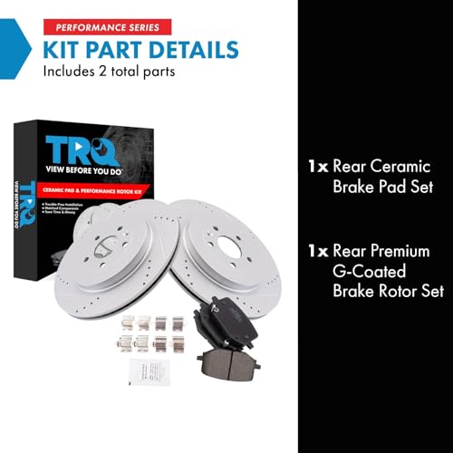 Image of TRQ Performance Rear Brake Pad and Rotor Set Ceramic Drilled Slotted G Coated Rotors Compatible with 2013-2019 Ford Police Interceptor Utility