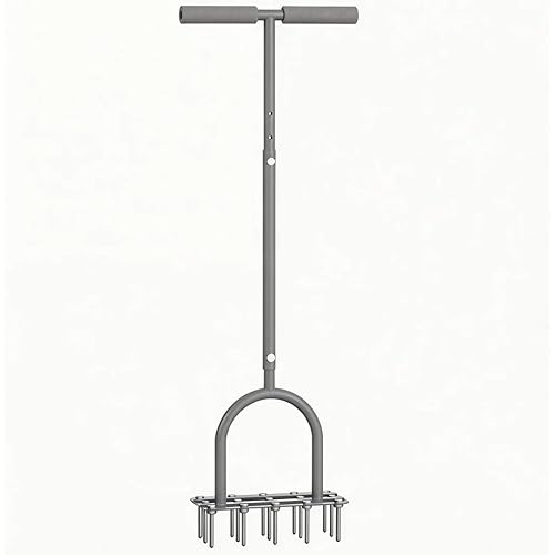 Lawn Aerator Spike Tool - Manual Grass Aerator with 15 Iron Spikes, Pre-Assembled Yard Aerator for Core Aeration, Dethatching, Heavy Duty T-Handle & Wide Foot Plate for Lawn Yard & Garden (Grey)