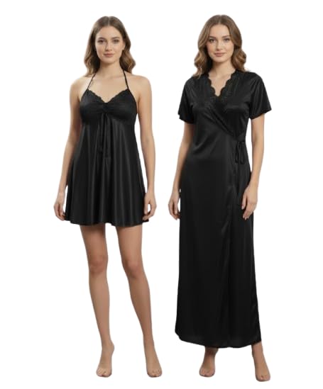 Women Satin Nightdress with Long Robe Set – 2 Piece Silk Feel Nightwear, Lace Trim Short Nighty with Full Length Wrap Robe, Luxury Bridal Sleepwear for Women-image-20