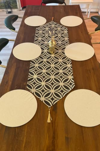 Amerikan Servisi Desenli Runner Masa Örtüsü Supla Set 6131 Krem Siyah 140 X 45