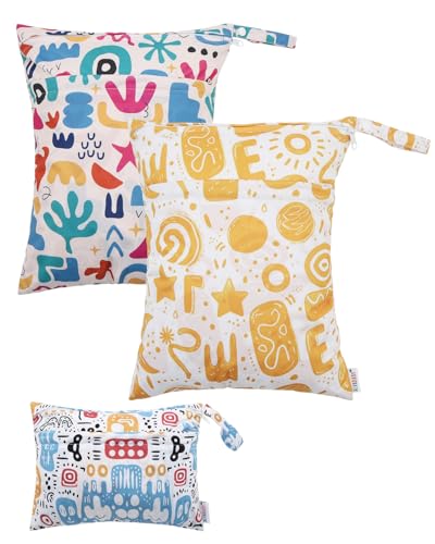 Image of ALVABABY 3 Cloth Diaper Wet Dry Bags Waterproof Reusable with Two Zippered Pockets Travel Beach Pool Daycare Soiled Baby Items Yoga Gym Bag for Swimsuits or Wet Clothes Small medium Large 3L-SML05