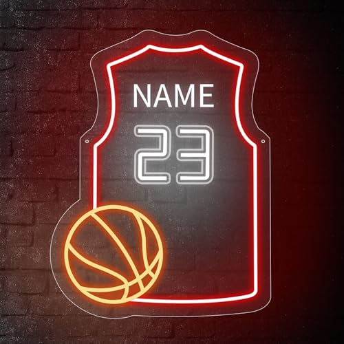 Image of Custom Basketball Jersey Neon Signs Basketball Neon Sign with Custom Name and Number Personalized Sports Neon Light for Bedroom Sports Light Up Sign for Wall Led Signs for Basketball Lover Gifts