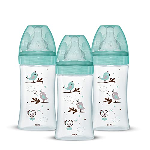 Dodie 3 Anti-Colic Babyflaschen für Einsteiger + aus Glas, 270 ml, 0 – 6 Monate, runder Sauger, Durchfluss 2