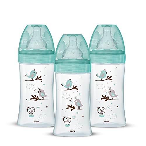 Dodie Lot de 3 Biberons Anti-Colique Initiation+ en verre, 270mL,0-6 Mois, tétine Ronde, Débit 2