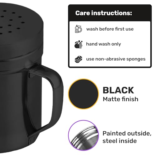 Image of CUSINIUM 6oz Black Stainless Steel Salt Pepper Dredge Shakers - With Plastic Cap - With Handle - Pack of 2