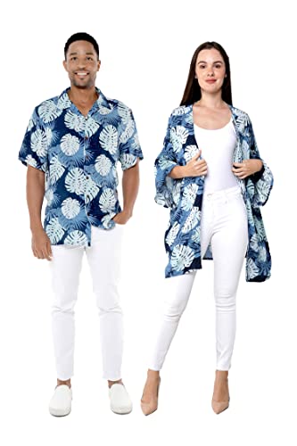 Matchable Couple Hawaiian Luau Shirt or Kimono in Pacific Palm Navy