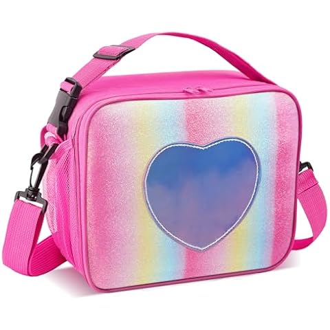 Samhe Lunch Box for Kids Girls, Insulated Rainbow Tote Bag Leakproof Thermal Cooler Reusable Lunch Bag for School Office Outdoor (Rose Red with Strap) Cover