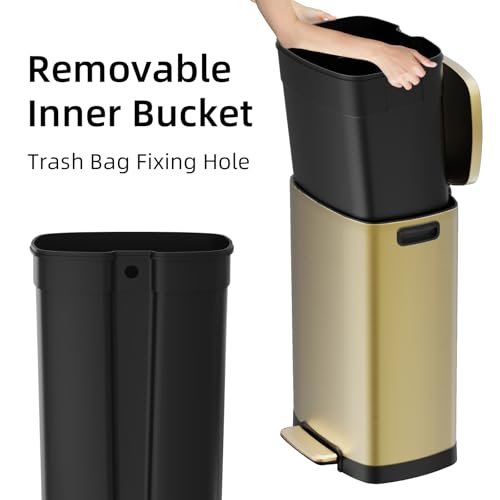 Image of KUK 13 Gallon Kitchen Trash Can with Lid, 50L /13Gal Office Step Garbage Can for Home, Kitchen, Laundry Room, Office, Gold