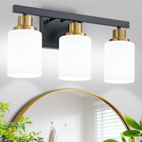 Image of 3-Light Vanity Lights Black and Gold Bathroom Light Fixtures 17in | White Frosted Ribbed Glass Shade Modern Black Vanity Lights Bathroom Lighting Fixtures over Mirror Wall Sconces E26 Base