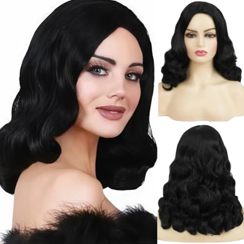 Kaneles Black Curly Finger Wave Wigs for Women 50s 60s Medium Length Side Part Natural Wig Vintage Wigs Synthetic Fiber Hair Wig for Halloween Cosplay Daily Use