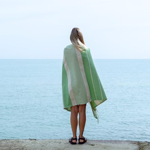 MOMOMUS 2er-Set Fouta XL oder Strandtuch aus Baumwolle 100% - Saugfähig, Ultraweich, Kompakt - Ideal als Strandhandtuch, Hamamtuch und Saunahandtuch - Apfelgrün, 90x180cm