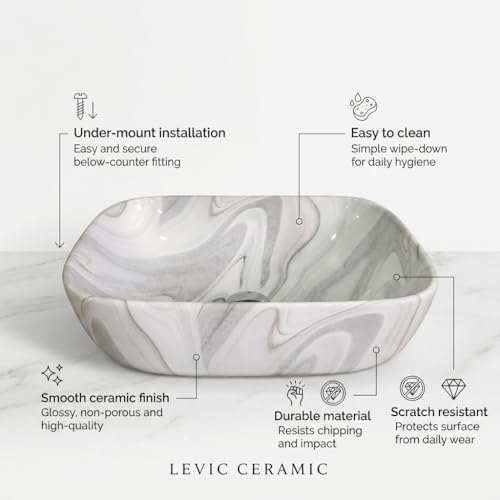 Image of Ceramic Tabletop Wash Basin - Glossy Rectangular Countertop Vessel Sink with Marble Finish for Bathroom & Vanity | Compact 18 x 13 x 5 Inch | Elegant Washbasin