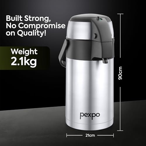 Image of Go24 pexpo AquaPort Stainless Steel Vacuum Insulated Beverage Dispenser with Pump - 2.5 LTR | Hot & Cold | Double Wall | Sturdy Handle to Carry | Coffee /Tea Carafe - Silver