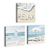 Beach Coastal Bedroom Wall Art: 3 Pieces Ocean Crashing Wave Canvas Painting Modern Relax Sea Seafoa