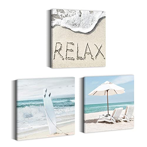 Beach Coastal Bedroom Wall Art: 3 Pieces Ocean Crashing Wave Canvas Painting Modern Relax Sea Seafoam Artwork Surfboard Picture Print Minimalism Beachy Chair Seascape #TOP20