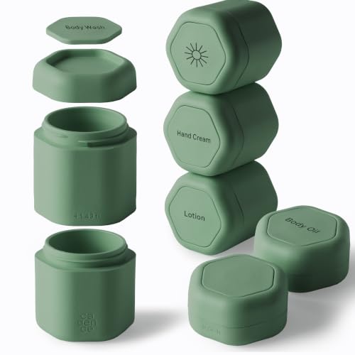 Cadence Travel Containers - 6pk (2 Small, 0.56oz + 4 Medium, 1.32oz), Eucalyptus - TSA Approved, Leak Proof Full Body Care Capsule Set - Lotion (2), Body Wash, Sun Icon, Hand Cream, Body Oil Labels