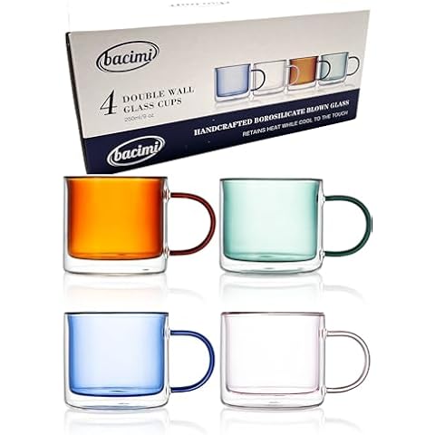 Bacimi® Double Wall Insulated Coffee Mugs (Set of 4 / 9oz) - Clear Borosilicate Mug with Handle - Thermal Drinking Cups for Espresso, Cappuccino, Latte, Tea, Hot Beverage, Wine Microwave Safe Cover