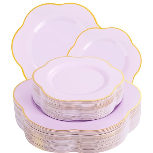 Liacere 50PCS Purple Plastic Plates-Heavy Duty Lavender Purple Disposable Plates-Purple Gold Plastic Plates-25PCS Purple Dinner Plates,25PCS Purple Dessert Plates for Party & Baby Shower ＆ Wedding