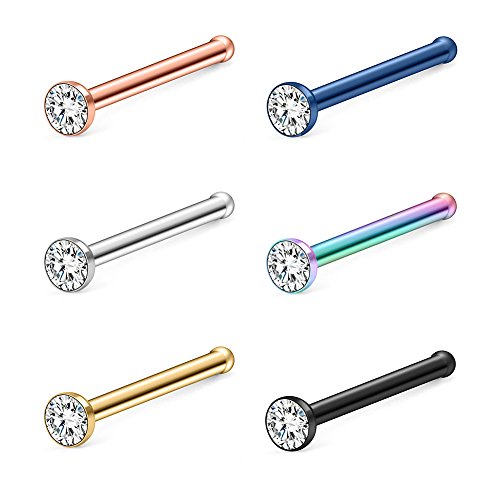 Ruifan 6PCS 18G Mix Color 316L Surgical Steel Jeweled Clear Diamond CZ Nose Stud Rings Bone Pin Piercing Jewelry 2mm by Ruifan - Used condition - US$5.21